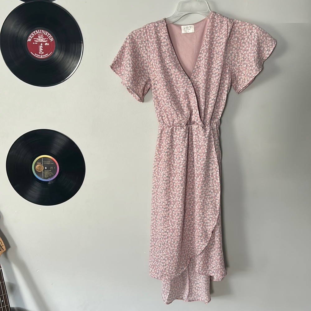 Sienna Sky, faux wrap dress. Size S. Pink floral pattern